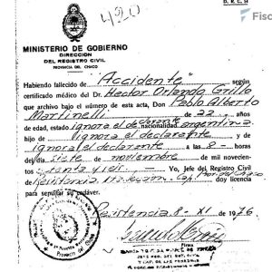 El certificado de defunción fraguado indica que la muerte fue en un "accidente". Documento remitido por la Unidad Fiscal de Derechos Humanos de Resistencia.