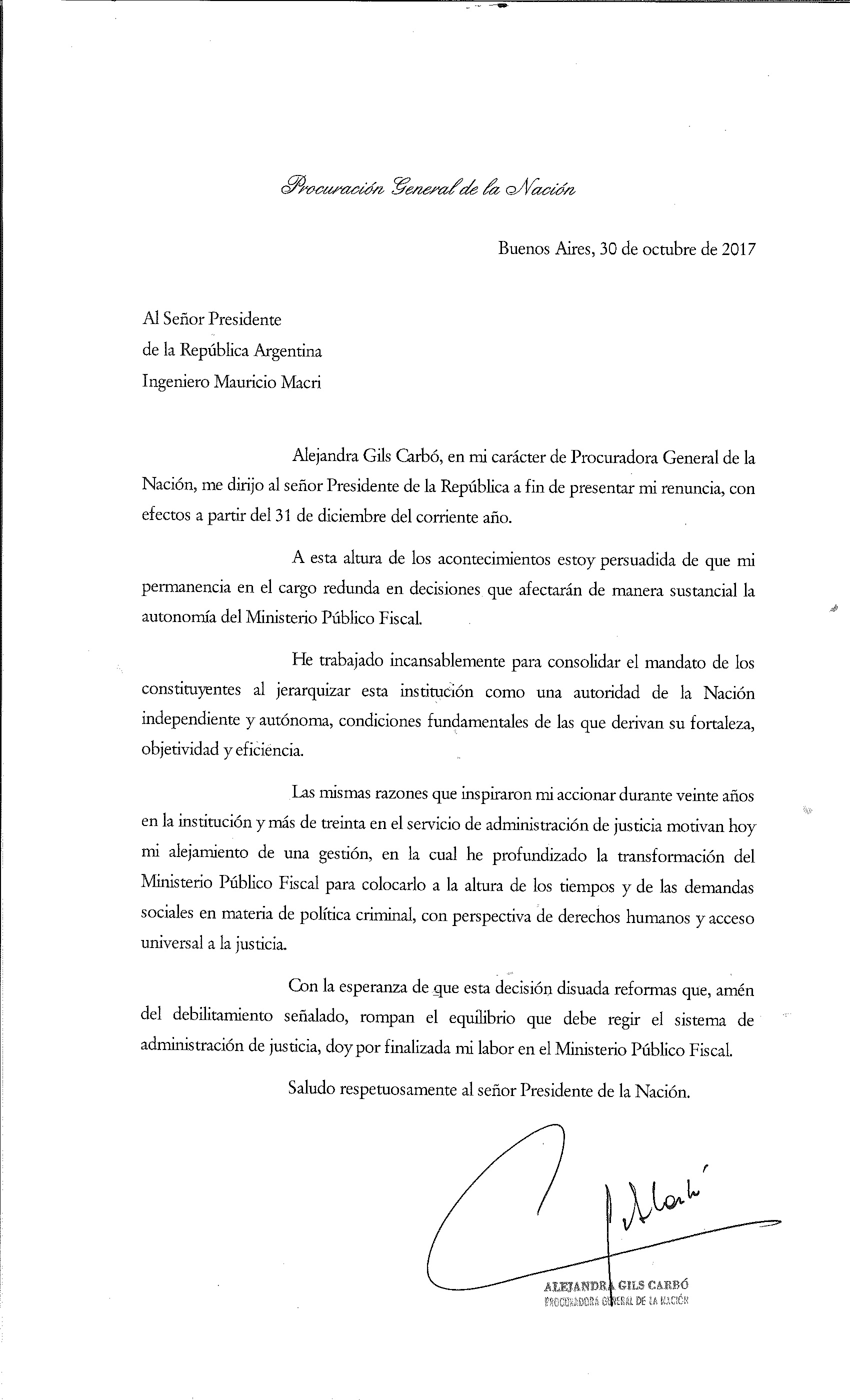 Argentina: en una carta dirigida a Macri, renunció la 