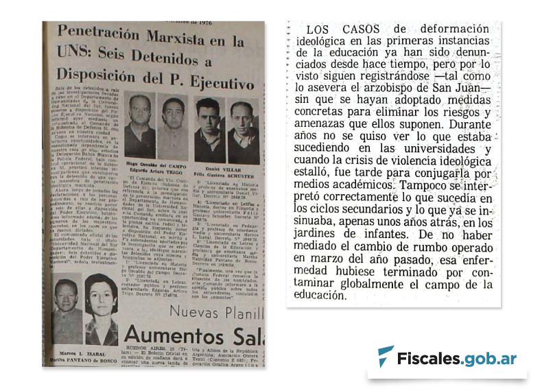 Ediciones de La Nueva Provincia del 13 de noviembre de 1976 (izquierda) y del 29 de agosto de 1977 (fragmento publicado en el editorial). - Imágenes remitidas por la Unidad Fiscal de DDHH de Bahía Blanca