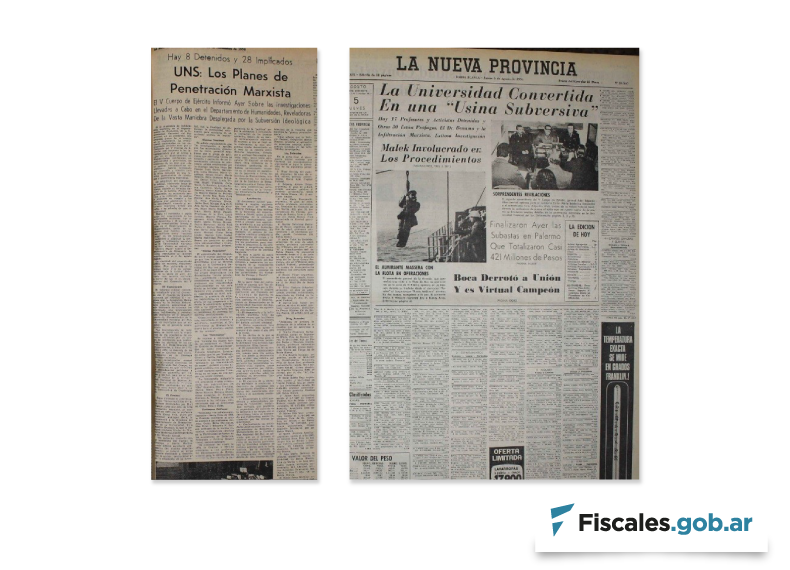 Ediciones de La Nueva provincia del 13 de noviembre de 1976 (izquierda) y del 5 de agosto de 1976 (derecha). - Imágenes remitidas por la Unidad Fiscal de DDHH de Bahía Blanca