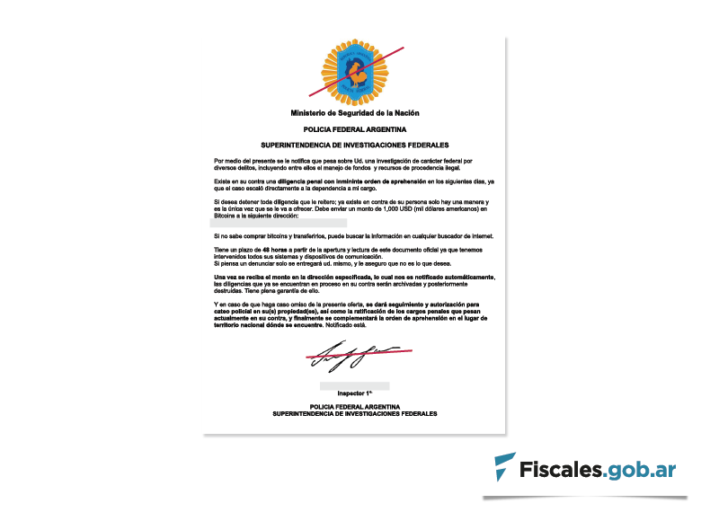 El mensaje a nombre de la Policía Federal por el que se requiere un depósito de mil dólares en Bitcoins para cerrar una investigación.  - Imagen remitida por la UFECI.