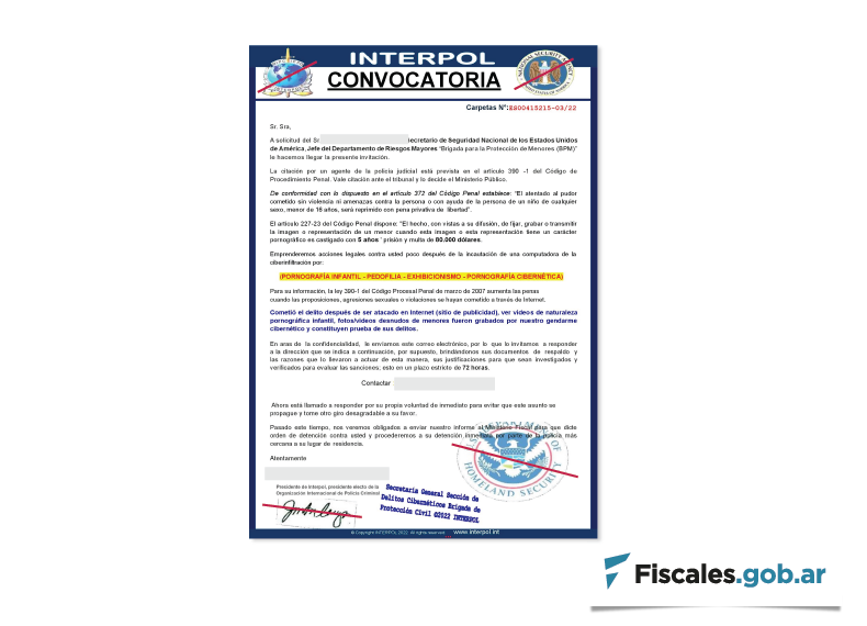 El mensaje a nombre de Interpol por el que se requiere la remisión de un descargo con documentos personales.  - Imagen remitida por la UFECI.