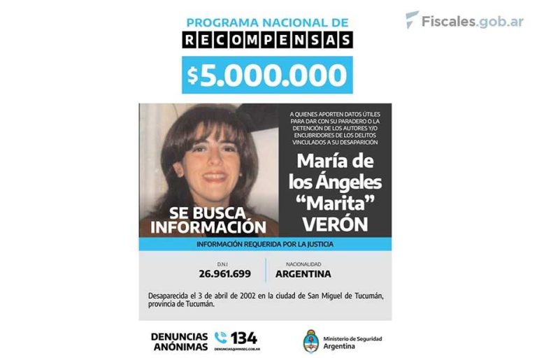 Ofrecen 5 millones de pesos de recompensa a quienes aporten datos útiles sobre el paradero de Marita Verón o sobre los responsables o encubridores de su desaparición