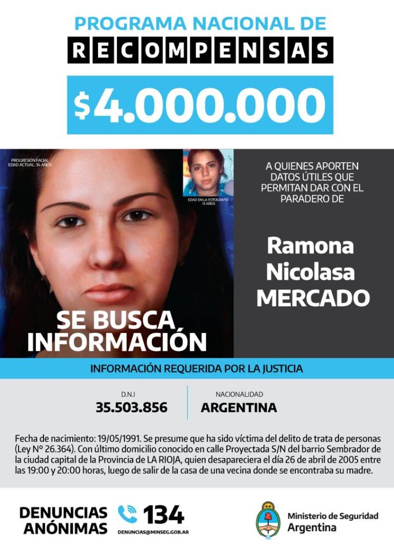 Ofrecen 4 millones de pesos de recompensa a quienes aporten datos útiles sobre el paradero de Ramona Nicolasa Mercado
