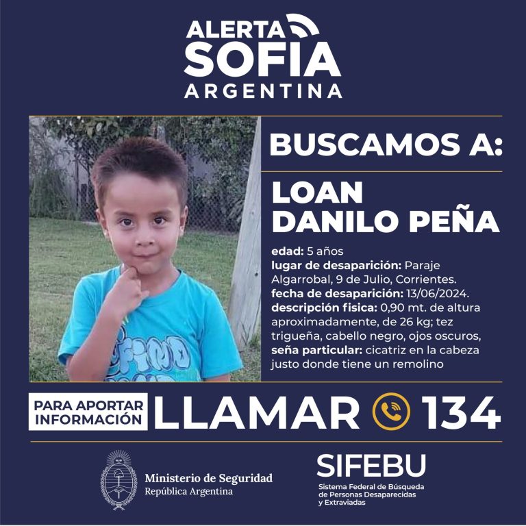 Alerta Sofía por Loan Danilo Peña, de 5 años, quien desapareció en 9 de Julio, provincia de Corrientes