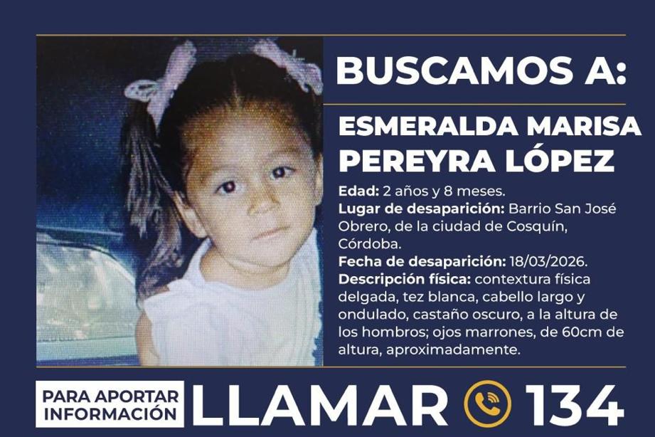 Alerta Sofía por Esmeralda Marisa Pereyra López, de 2 años, desaparecida en la provincia de Córdoba